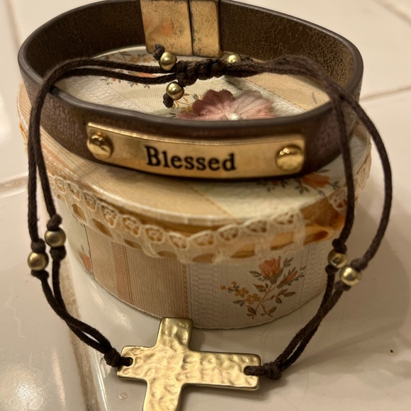 Gold and Brown Distressed Leather 'Blessed' and Cross Bracelets - Picture 9 of 9
